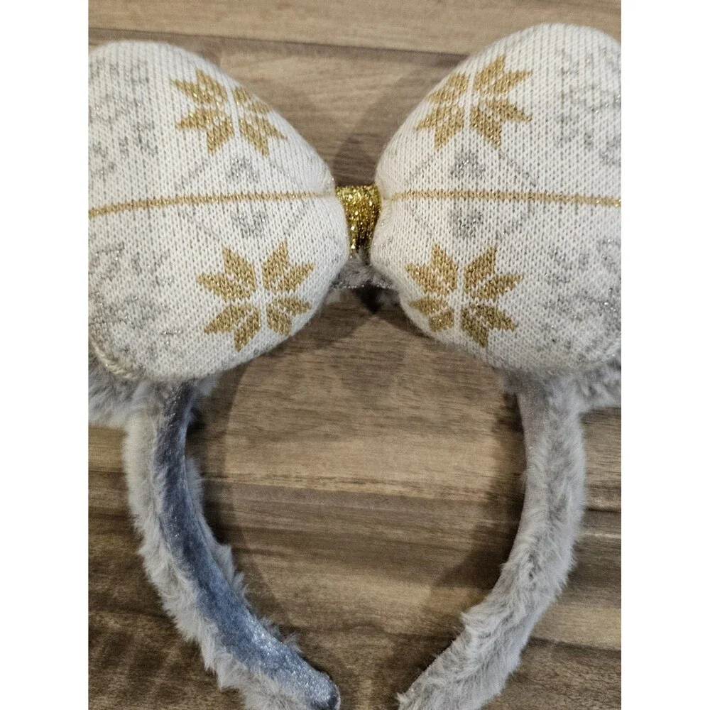 Disney Christmas Winter Fuzzy Silver Gold snowflake Minnie Ears Headband
